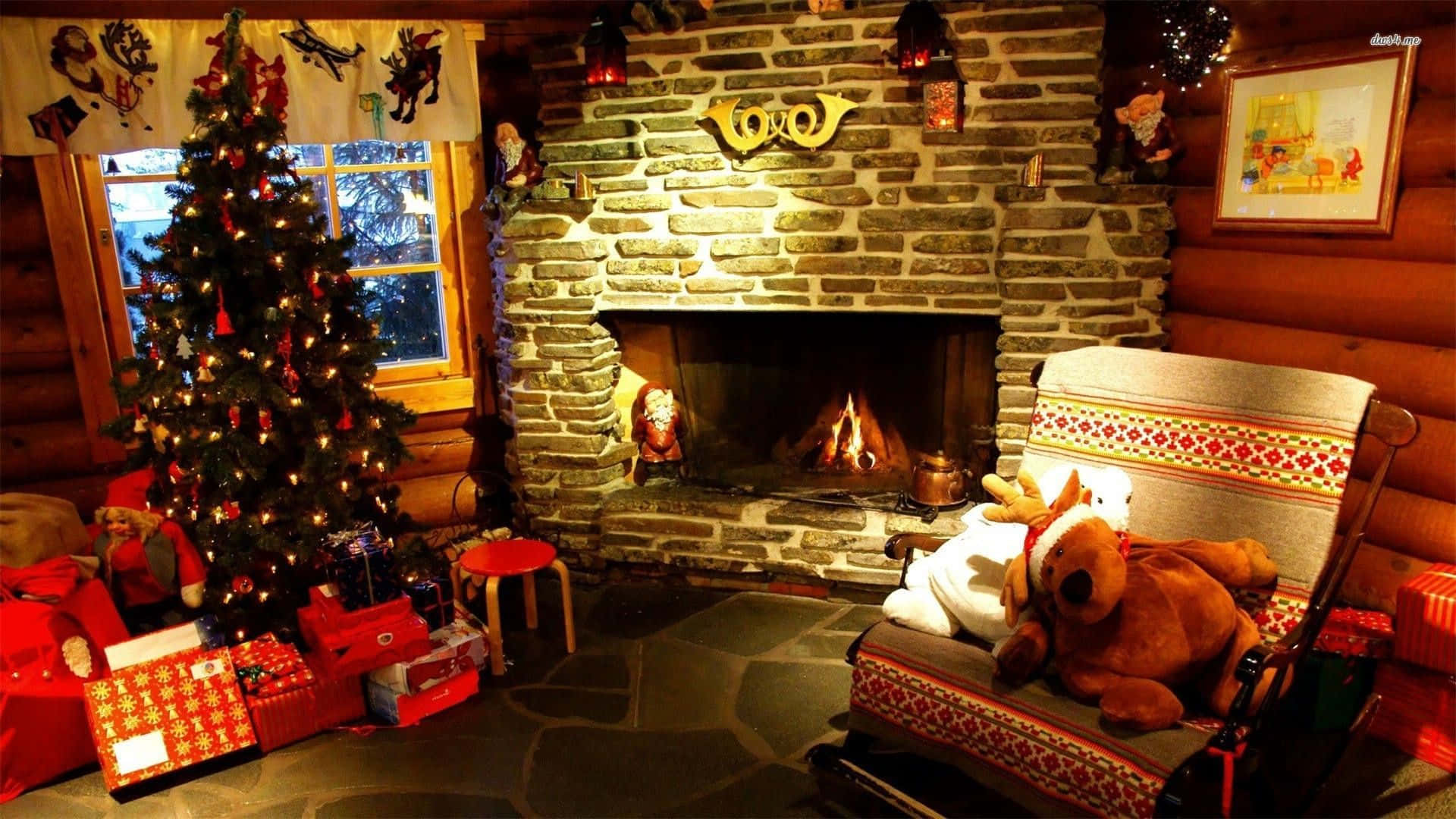 Christmas Fireplace With Reindeer Plushie Background