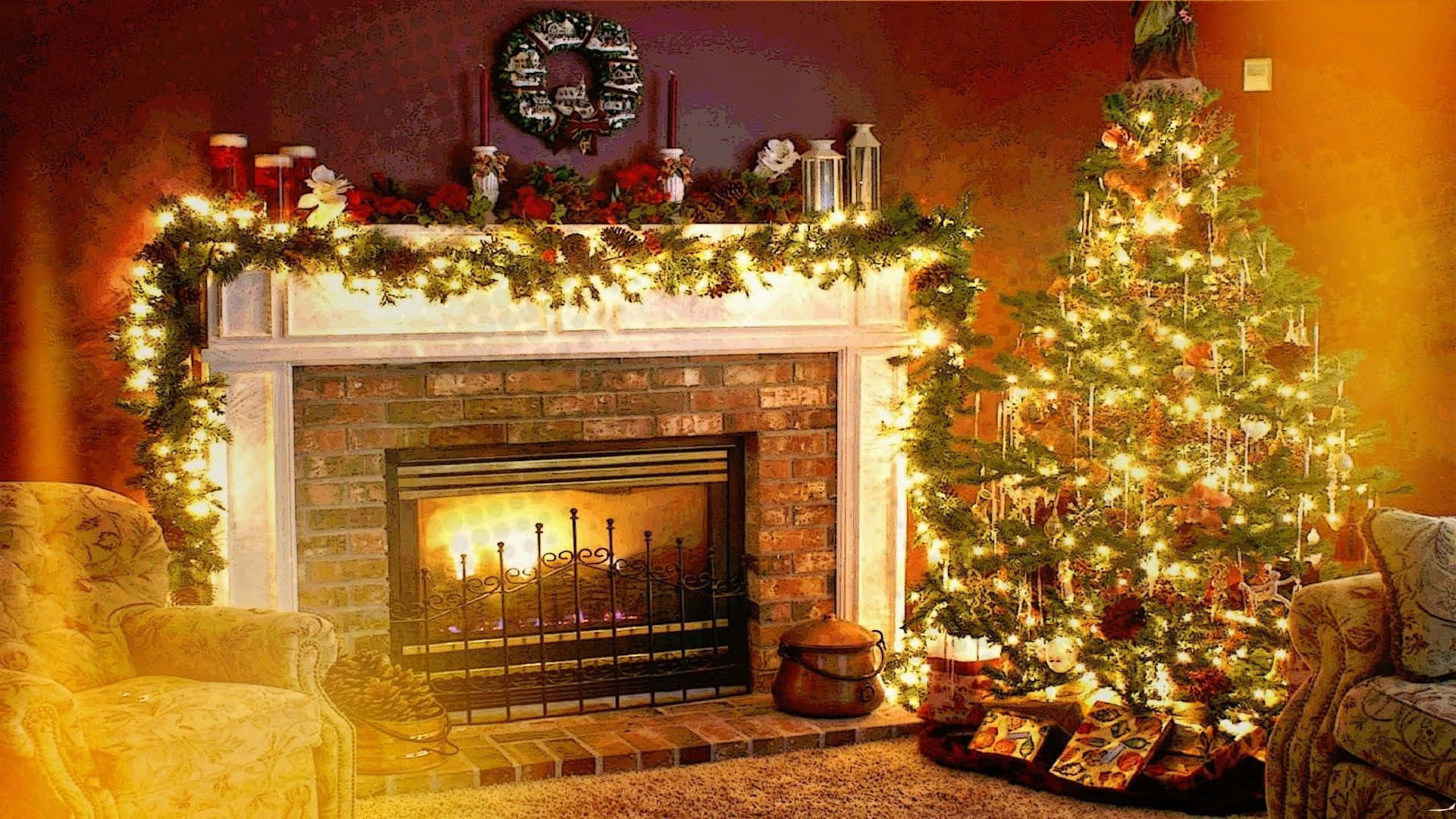 Christmas Fireplace With Fireguard Railing Background