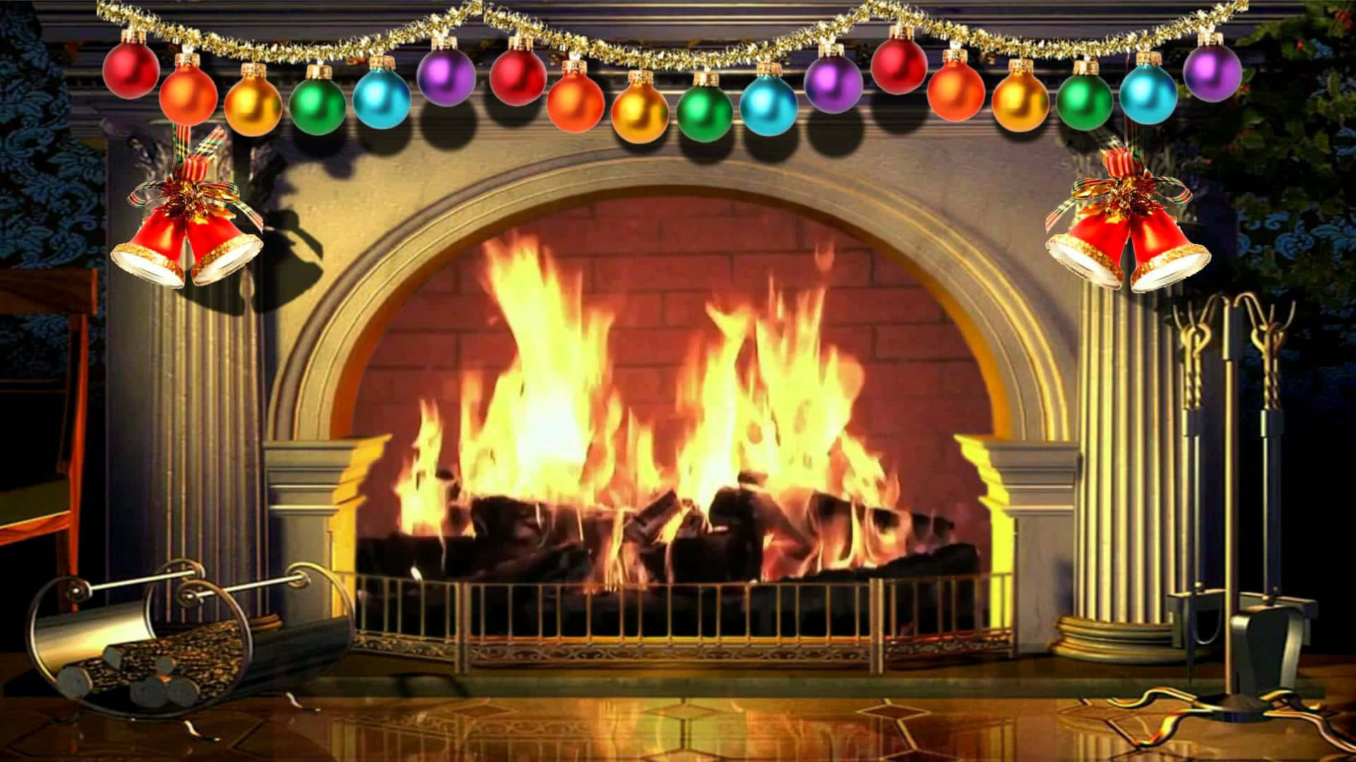 Download Christmas Fireplace With Colorful Ornaments Background ...