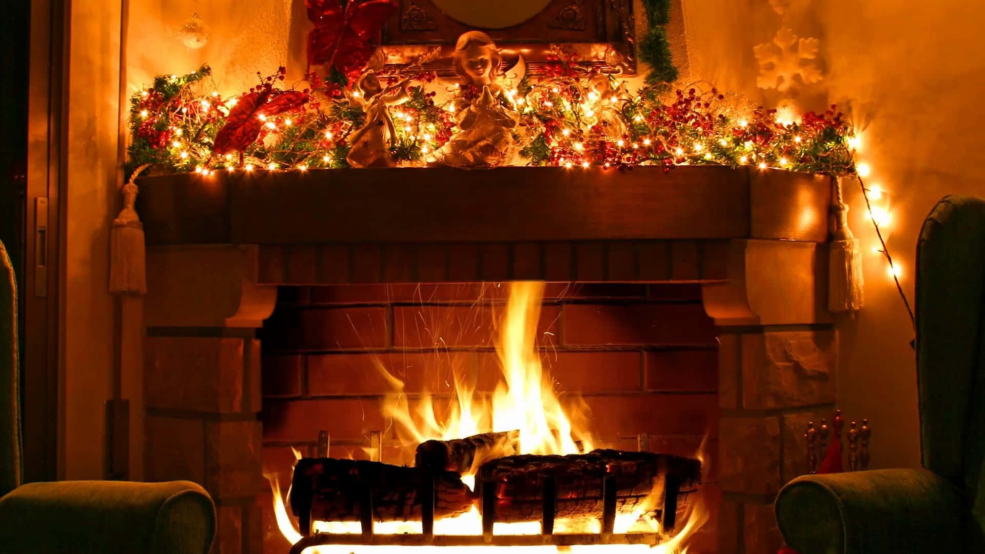 Christmas Lit Fireplace With Garland And Lights Background