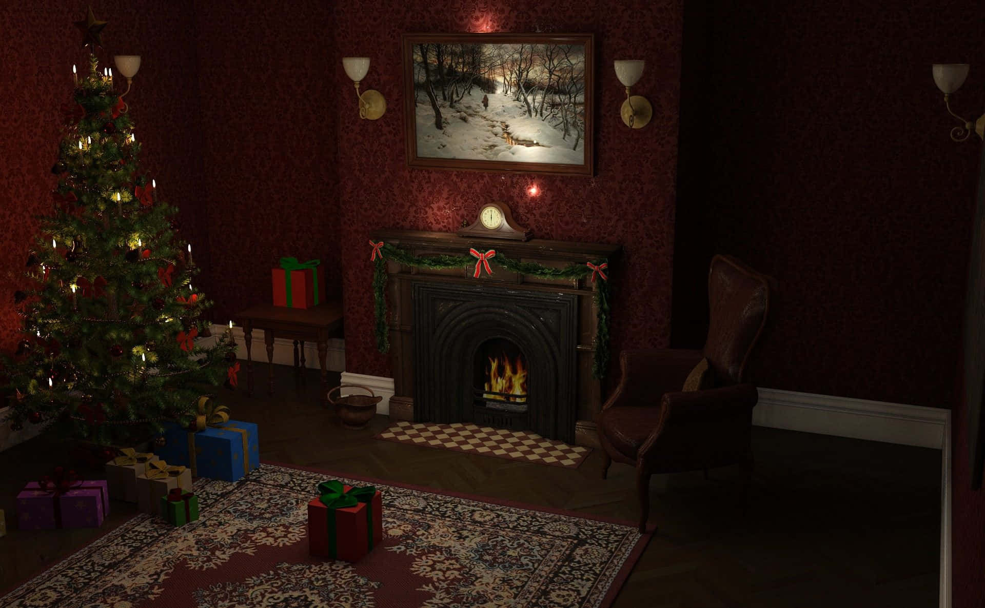 Dark Red Christmas Fireplace Background