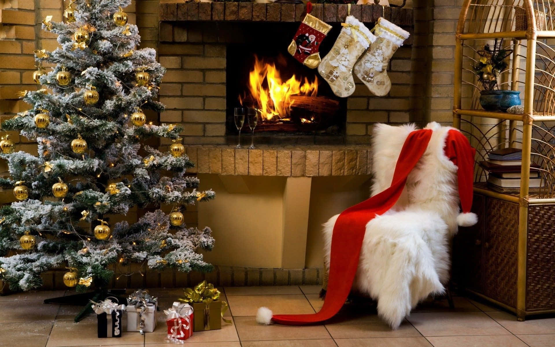 Christmas Fireplace With Fur Covered Chair Background