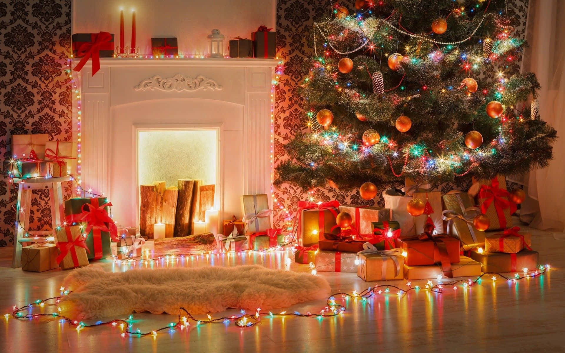 Christmas Fireplace With Presents And Colorful Lights Background