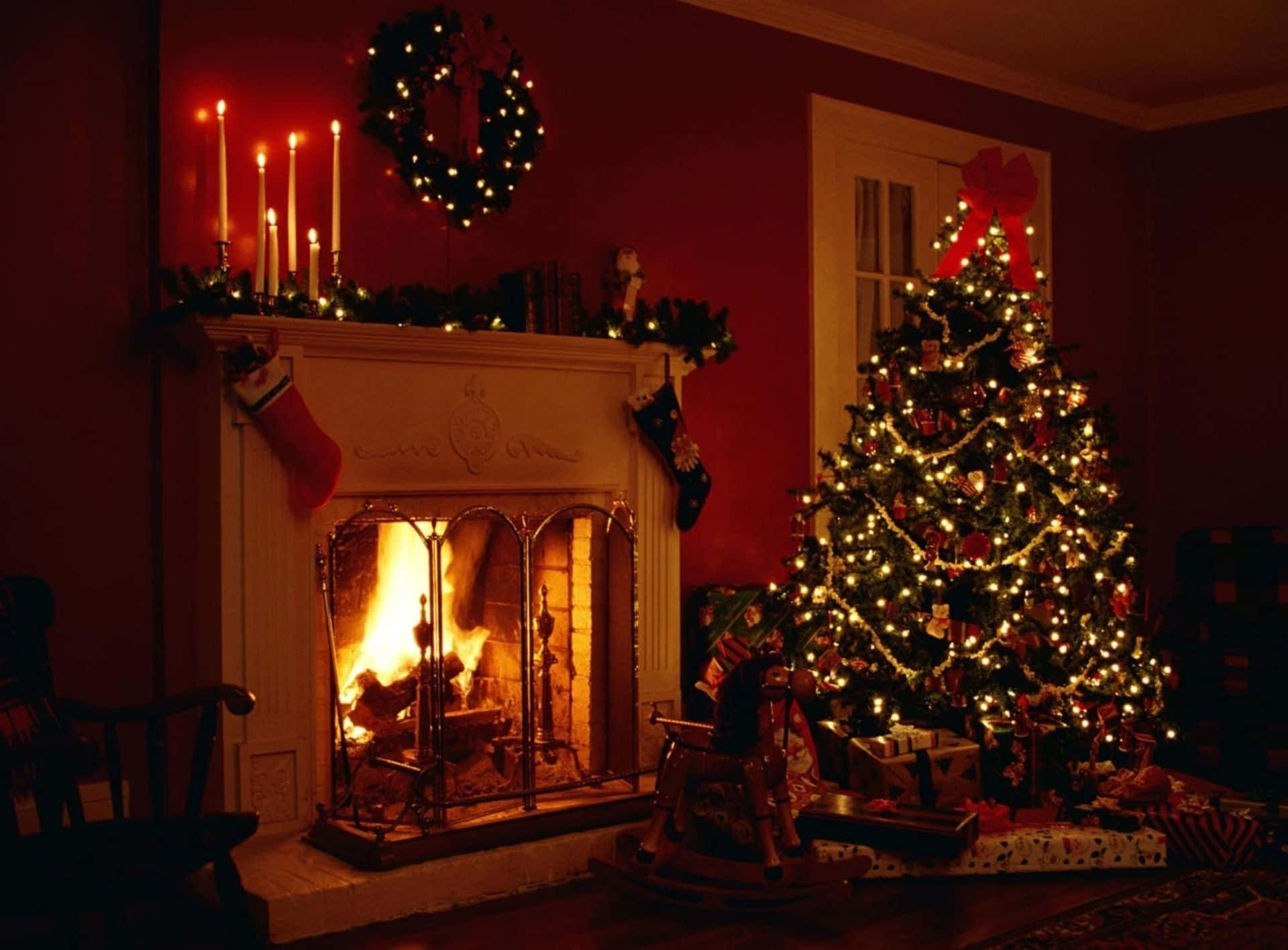 Christmas Fireplace With Decorated Tree Background