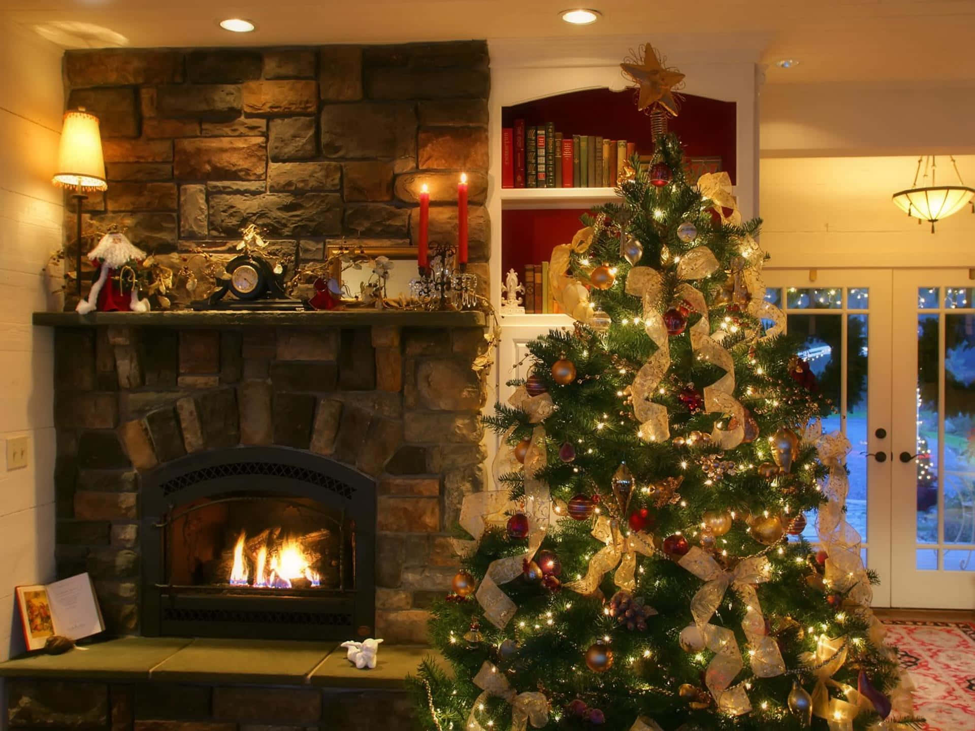Christmas Fireplace Beside Bookshelf Background