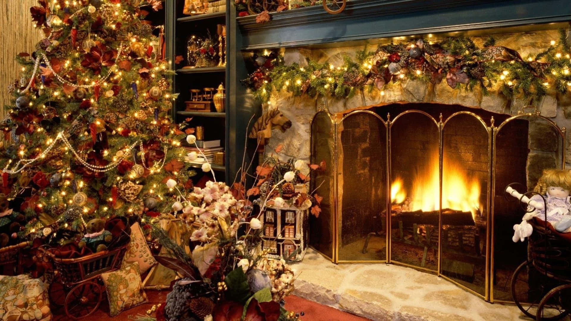 Christmas Fireplace With Fireguard Background