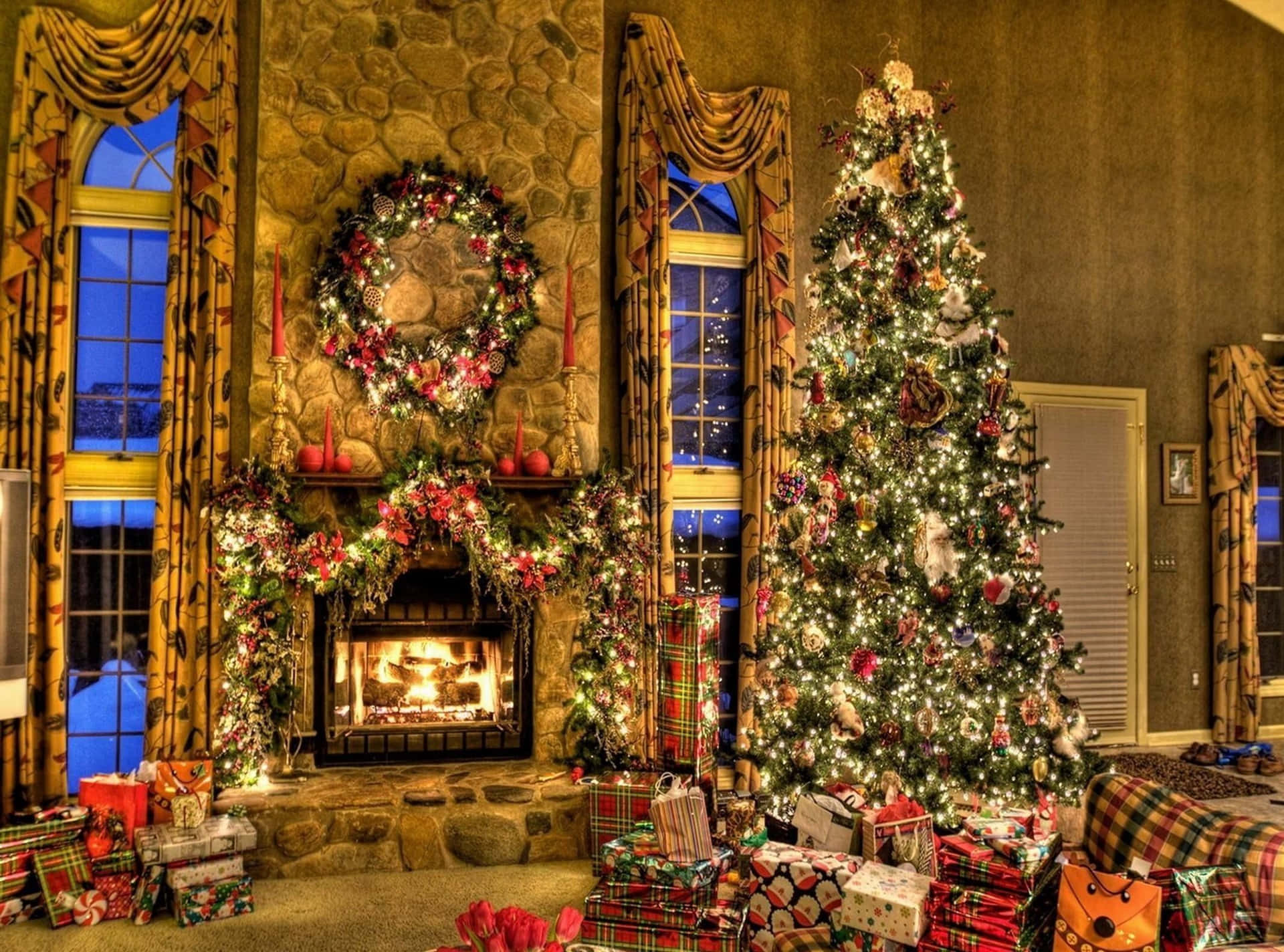 Christmas Fireplace With Two Windows Background