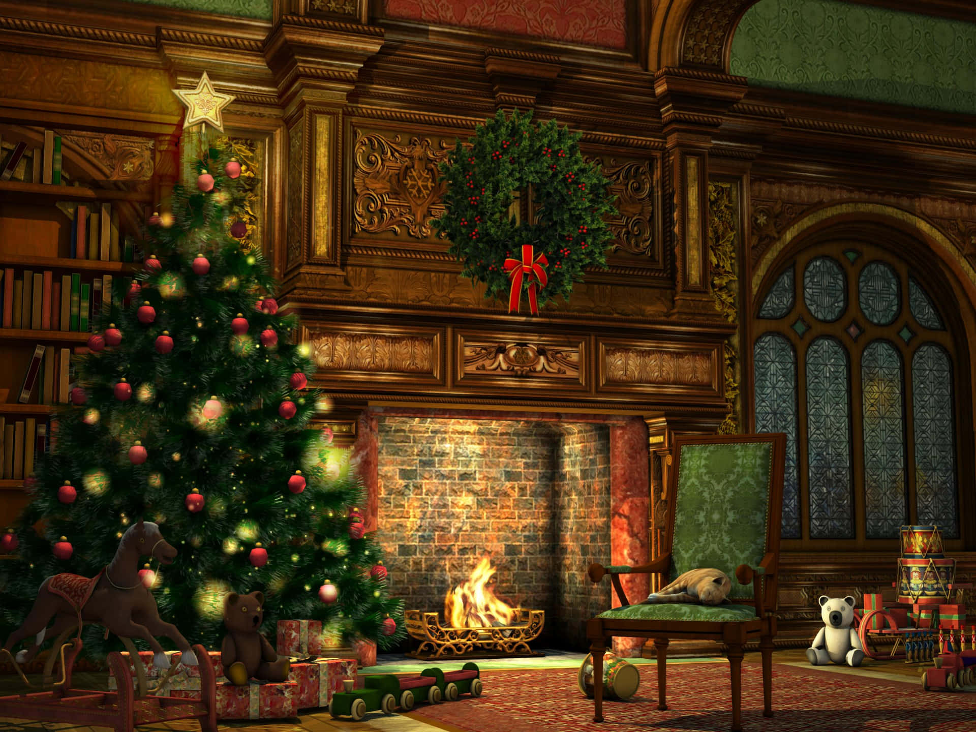 Antique Interior Christmas Fireplace Background