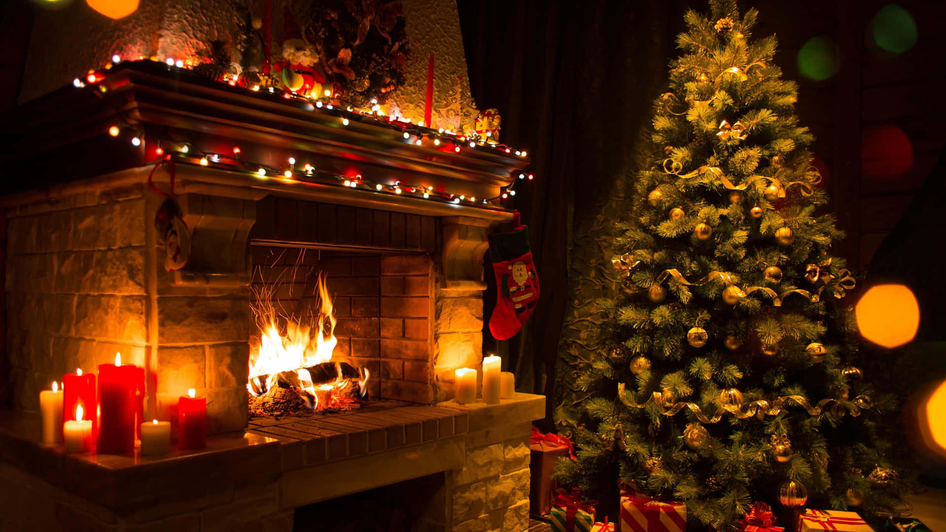 Christmas Fireplace Surrounded With Candles Background