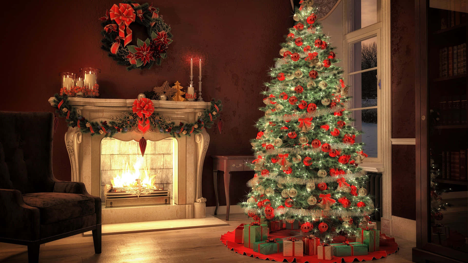 Christmas Fireplace With Red Decorations Background