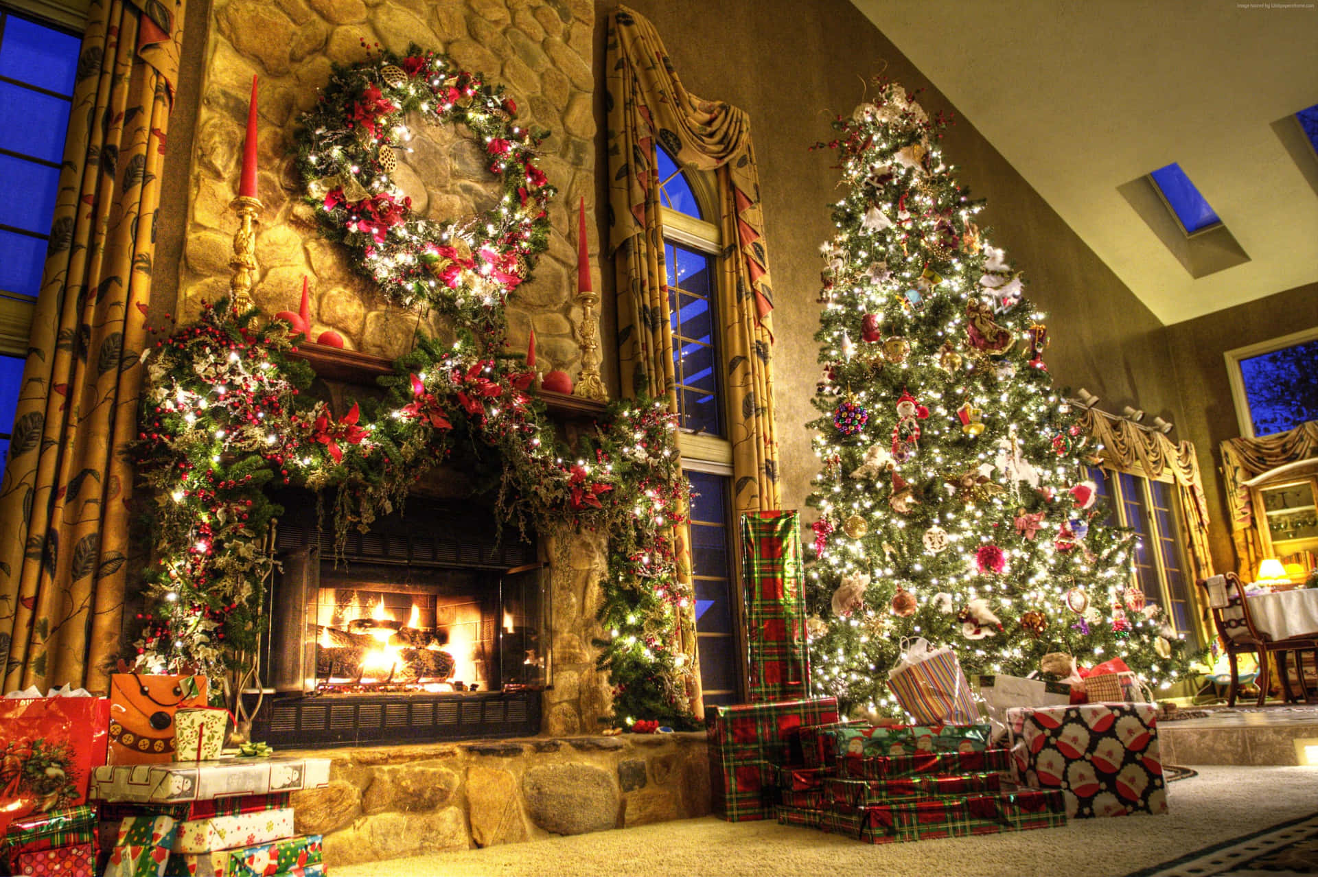 Christmas Fireplace With Big Wreath Background