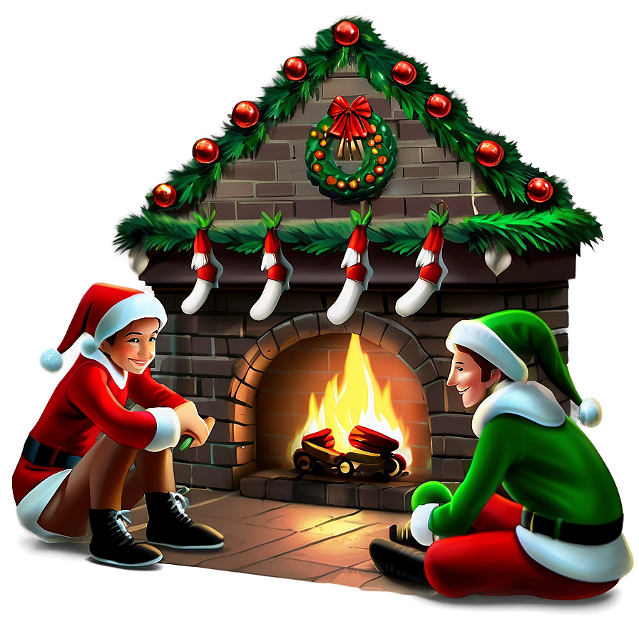 Christmas Fireplace With Elves Png 06262024 PNG