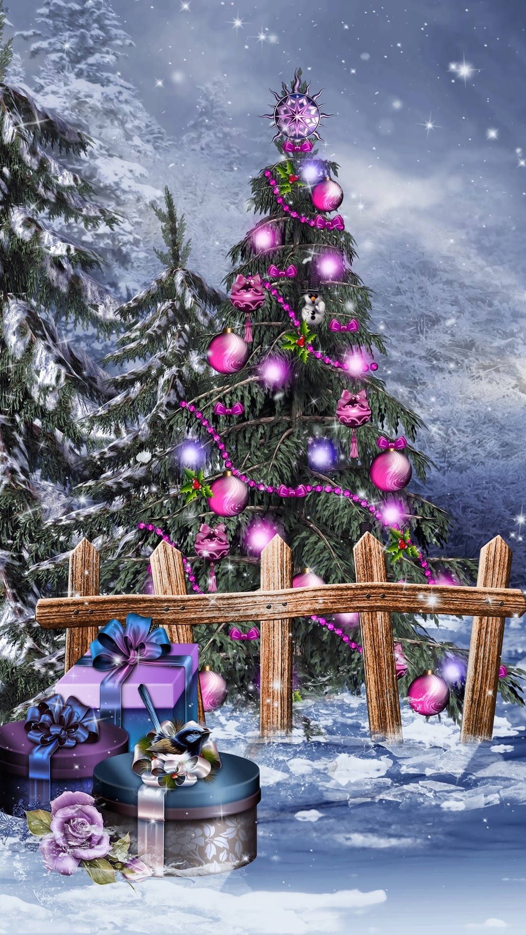 Pink Tree In Christmas Forest Wallpaper