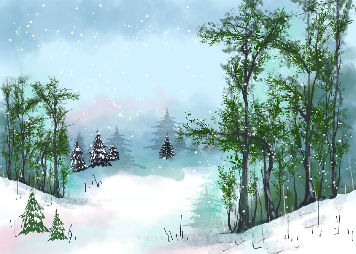 A Watercolor Painting Of A Winter Scene With Trees Wallpaper