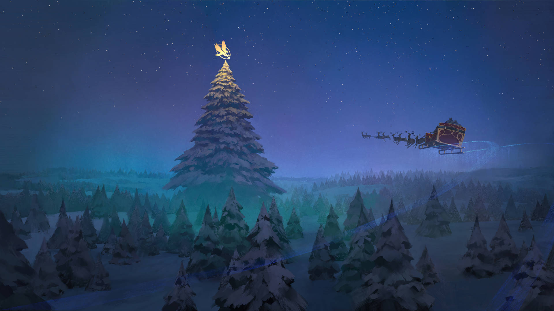 Santa Flying Above A Christmas Forest Wallpaper