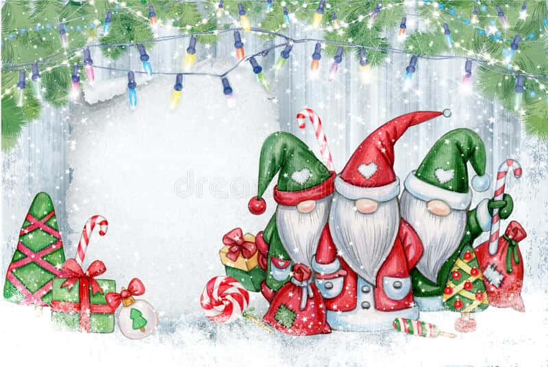 "A traditional Christmas gnome standing in a festive setting of presents and greenery" Wallpaper