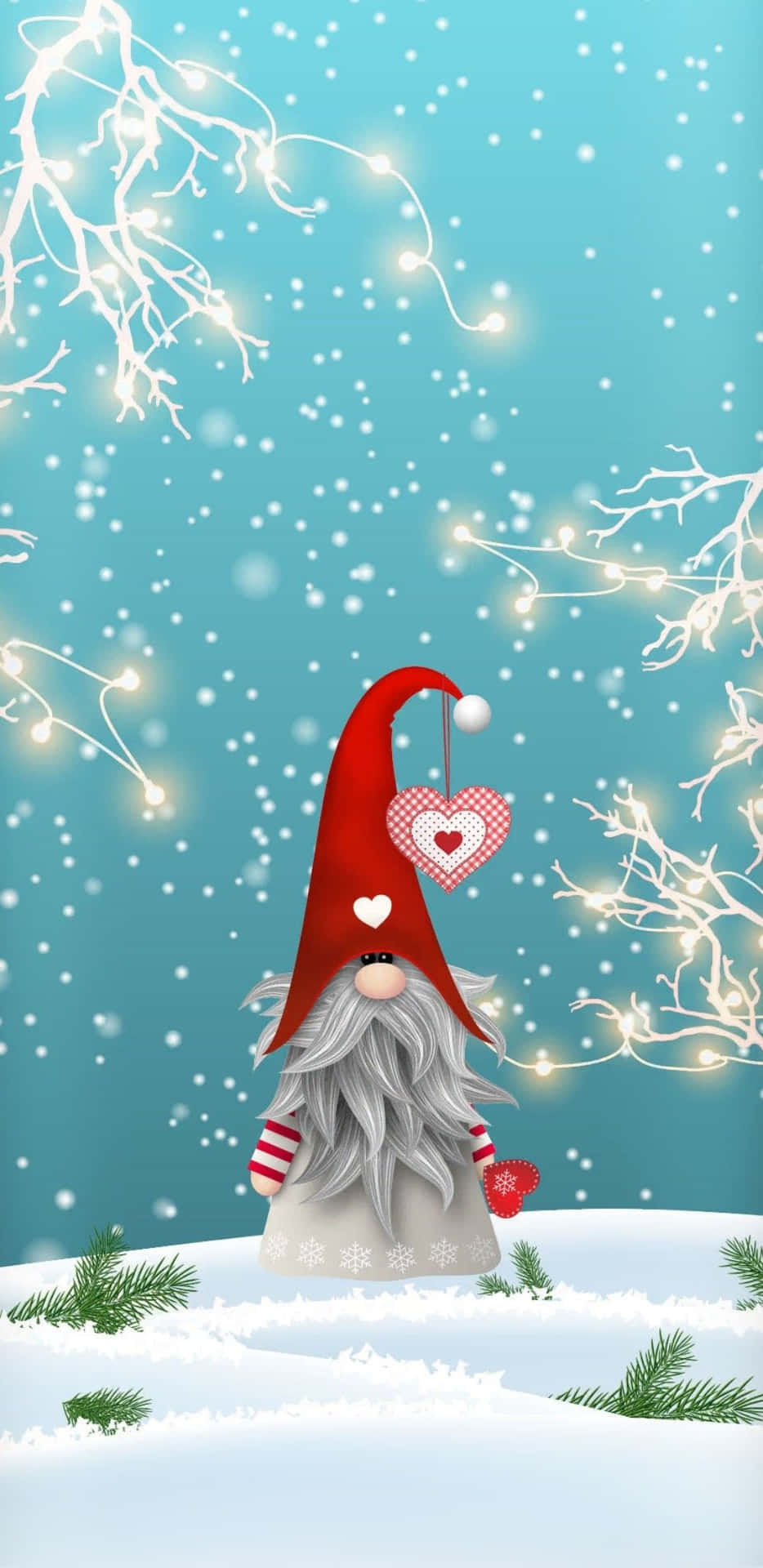Joyful Christmas gnome sitting in the snow Wallpaper