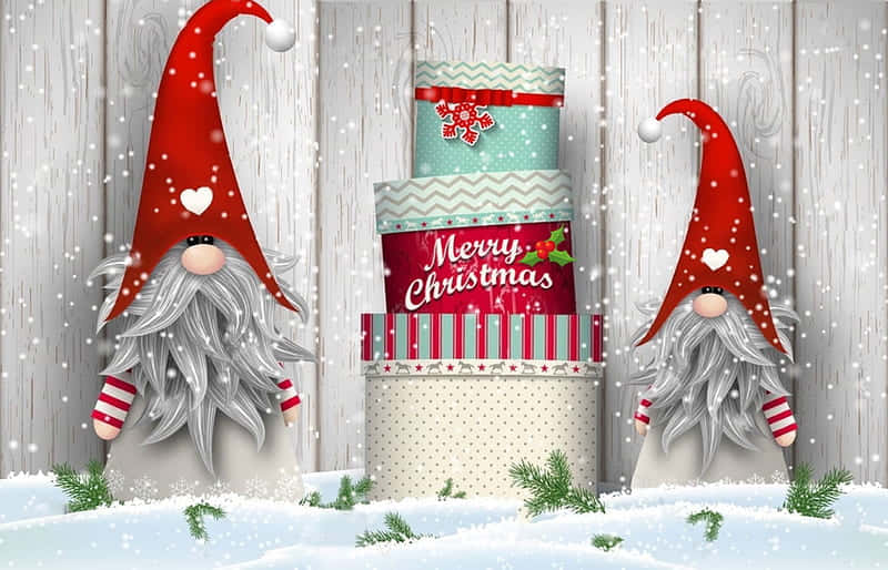 Download Christmas Gnomes With Christmas Gifts Wallpaper