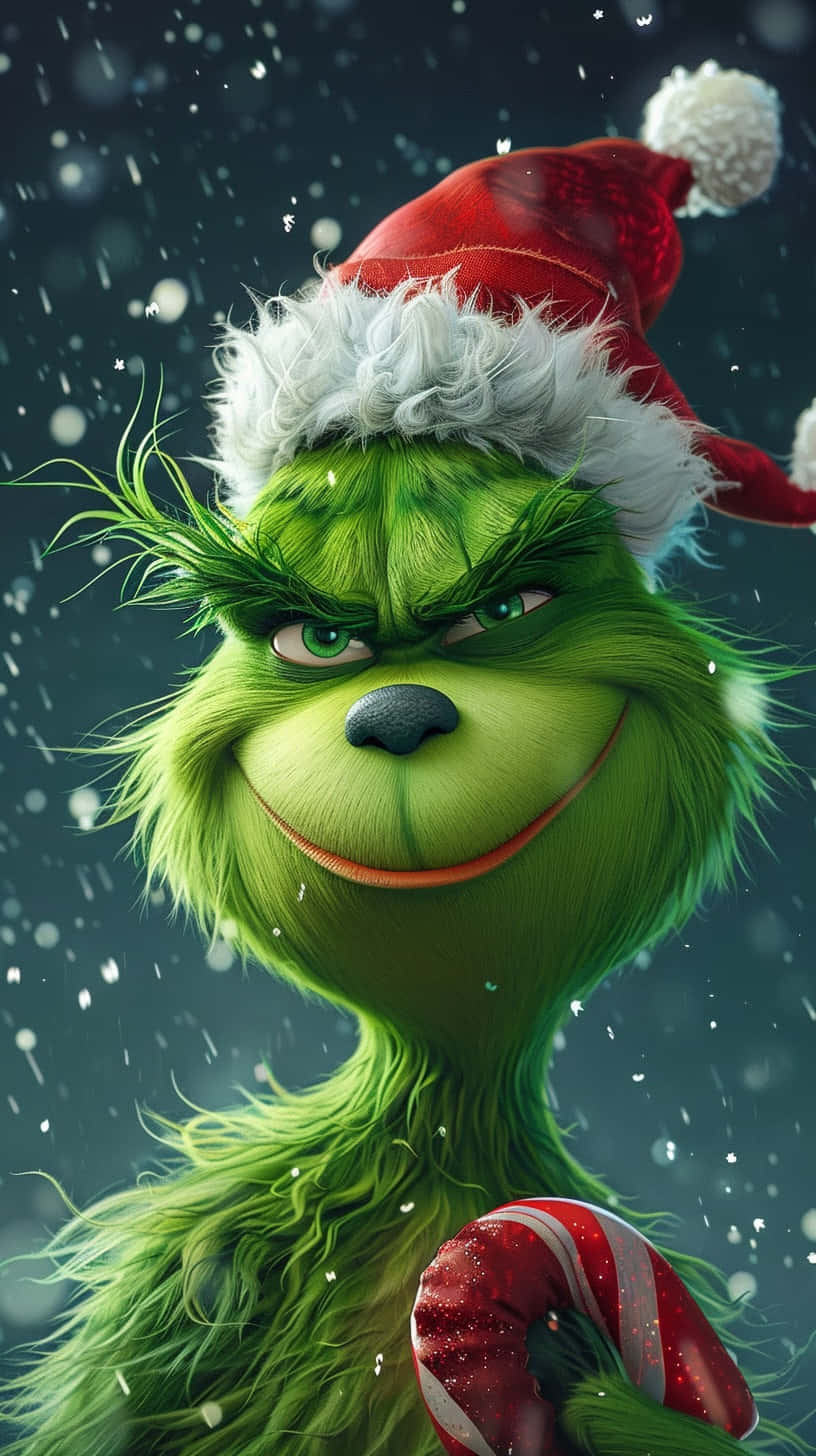 Christmas Grinch Smirkwith Candy Cane Wallpaper