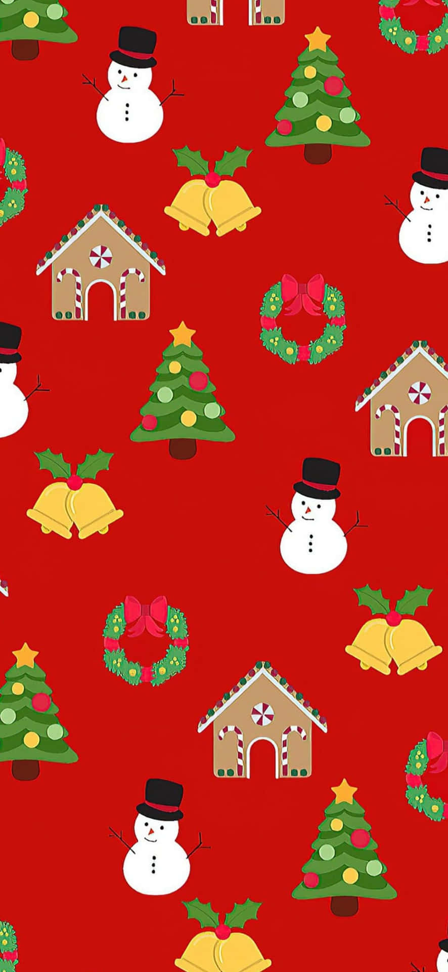 A Red Christmas Pattern With Snowmen And Christmas Trees