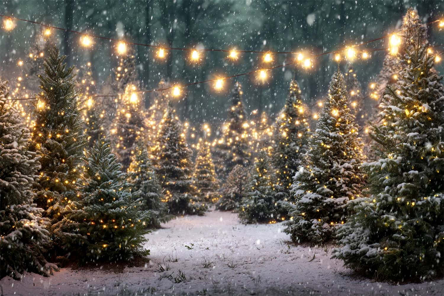 Christmas Lights In Snowy Forest Wallpaper