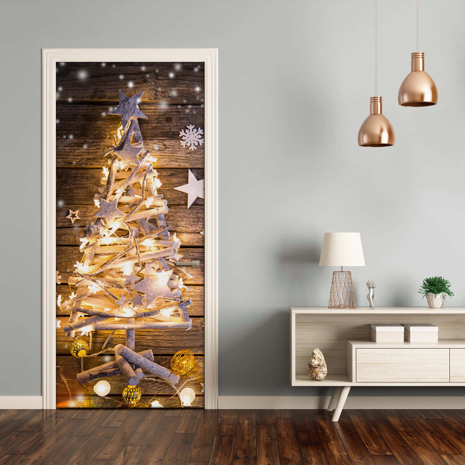 A Christmas Tree On A Wooden Door
