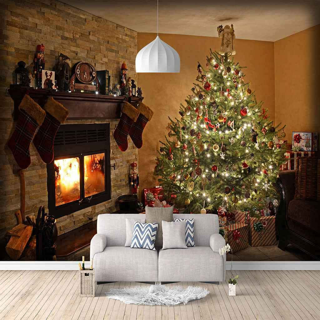 A Living Room With A Fireplace And Christmas Tree