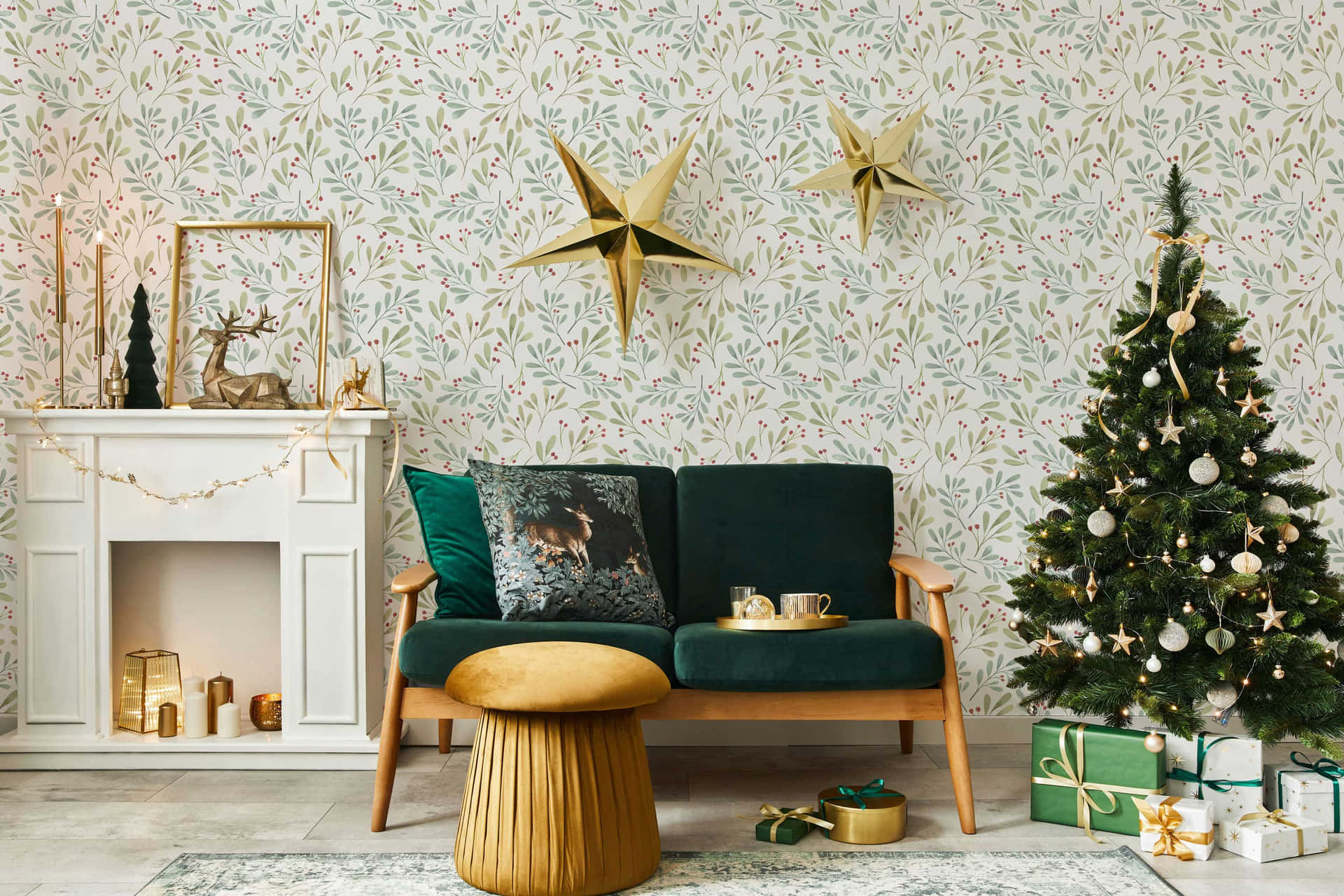 A Living Room With A Christmas Tree And Gold Decorations