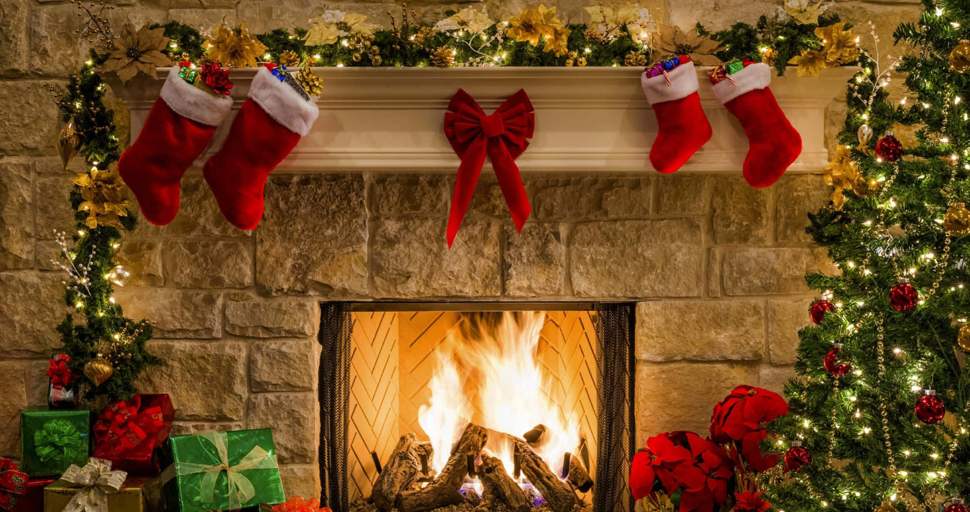 Christmas Fireplace With Stockings And Presents