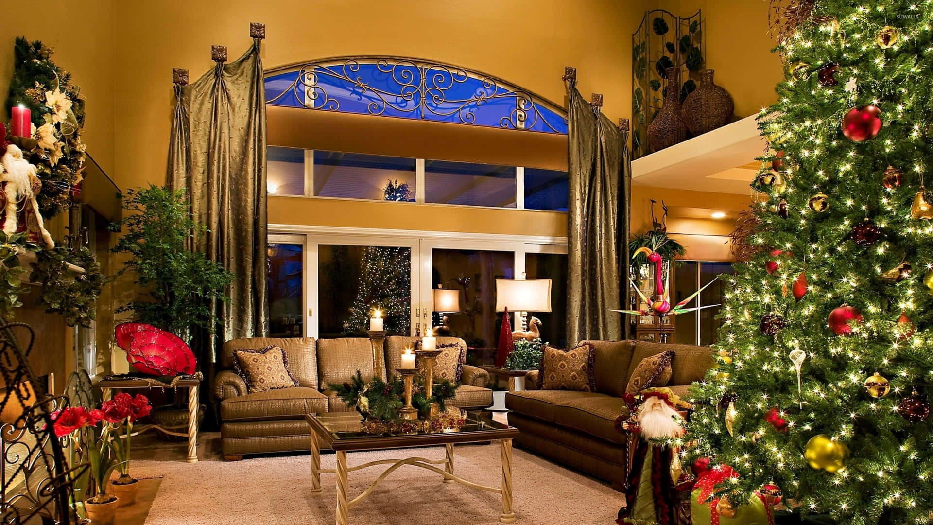 A cozy Christmas living room filled with decorations for the holiday season