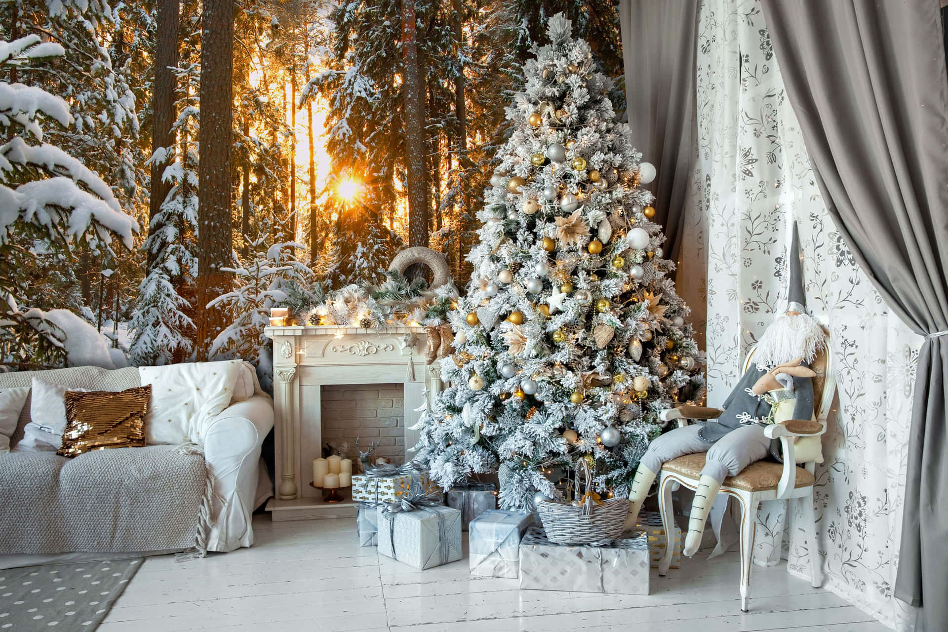 A Living Room With A Christmas Tree And Decorations