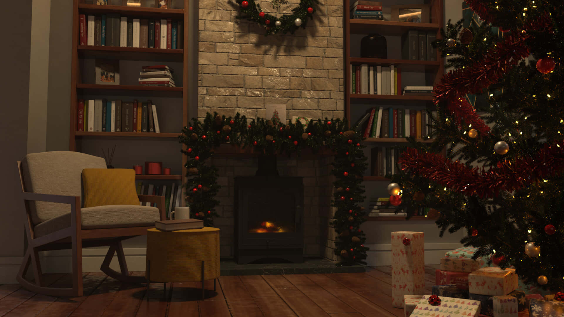 A Christmas Tree In A Room With Bookshelves