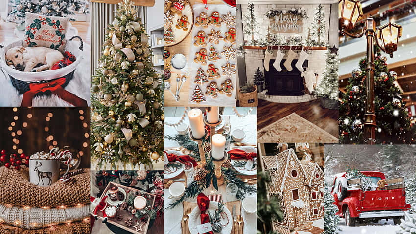 Julepynt kollage med juletræer og dekorationer Wallpaper