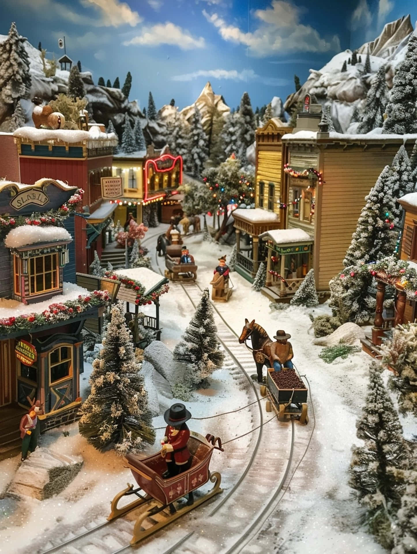 Christmas Miniature Snowy Town Scene Wallpaper