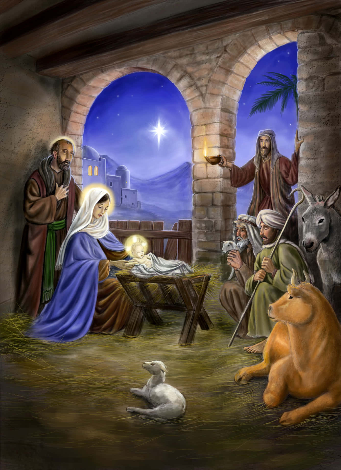 Celebrating the Joy of Christmas with a Manger Scene Wallpaper