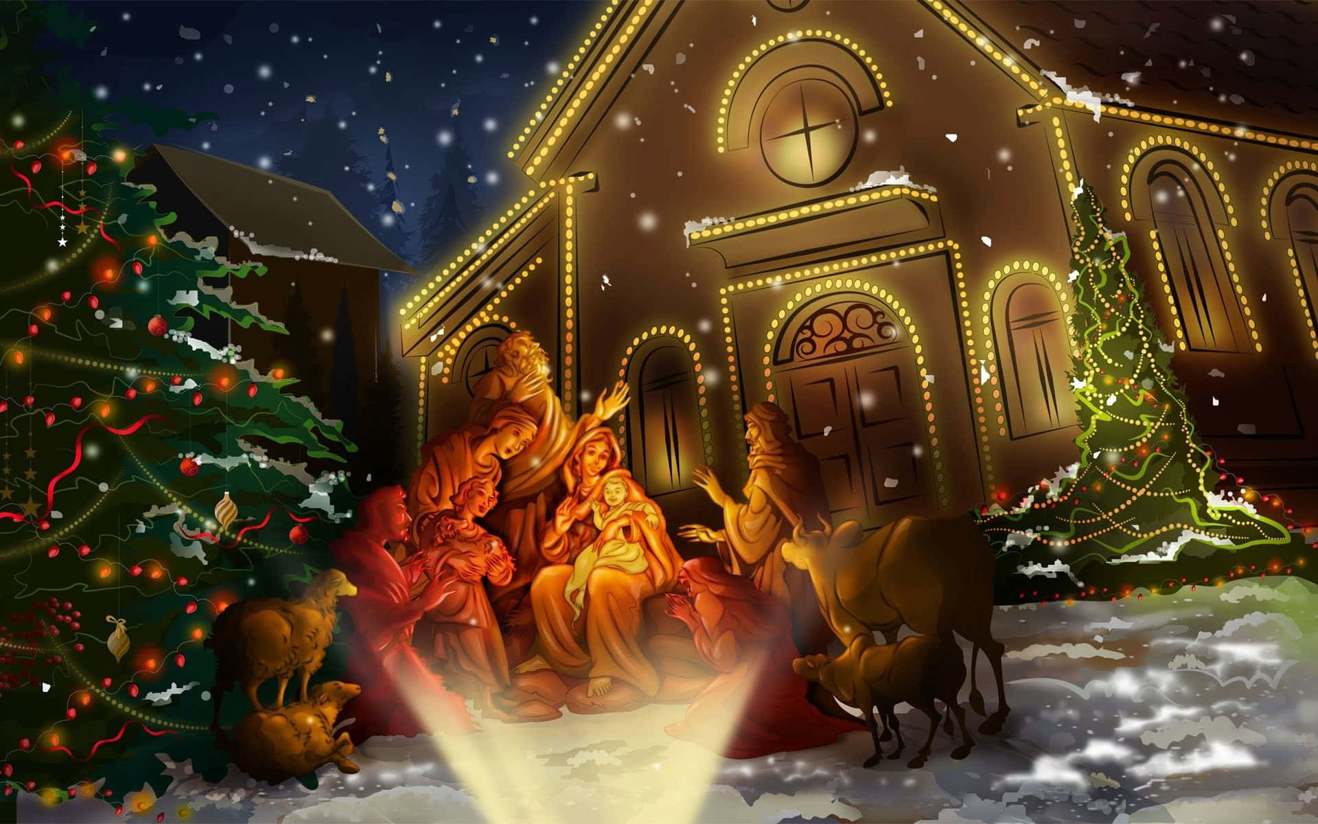 Christmas Nativity House Tree Wallpaper