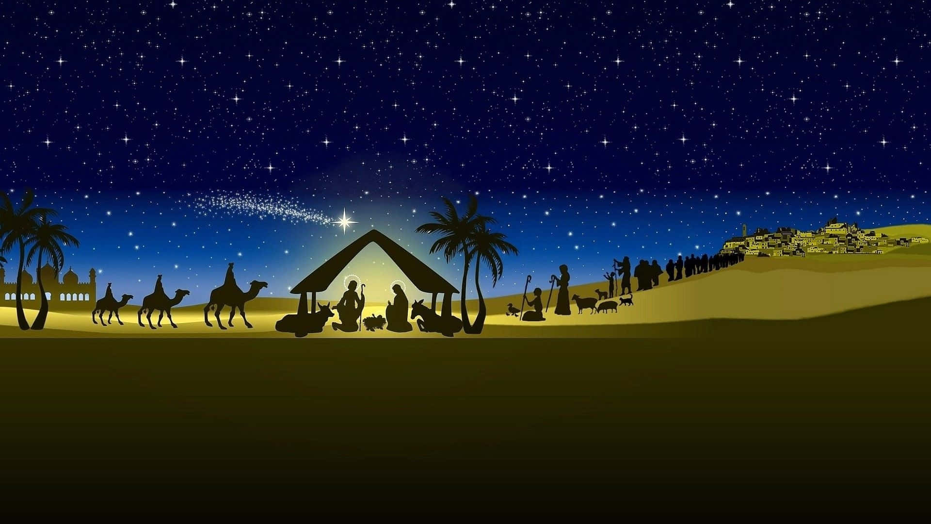 A Nativity Scene With A Star In The Sky Wallpaper