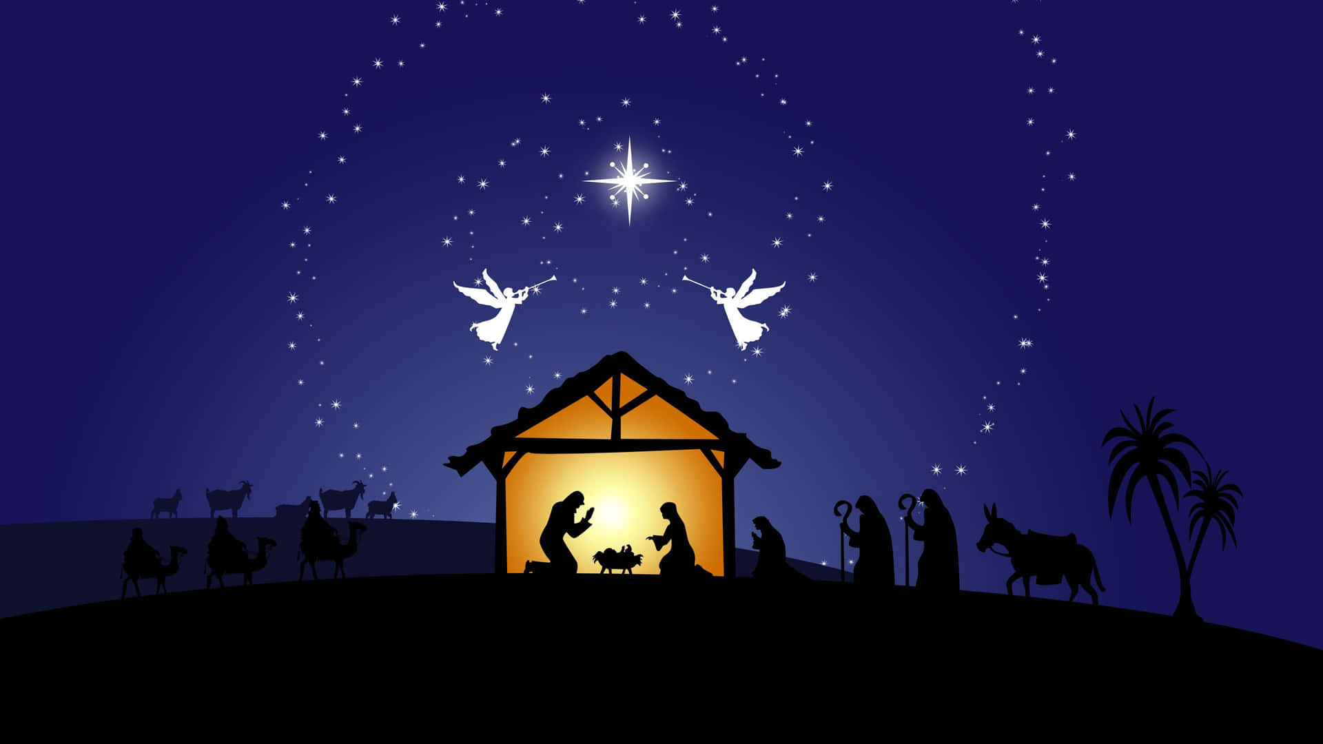 A Nativity Scene in the snow on a starry night. Wallpaper