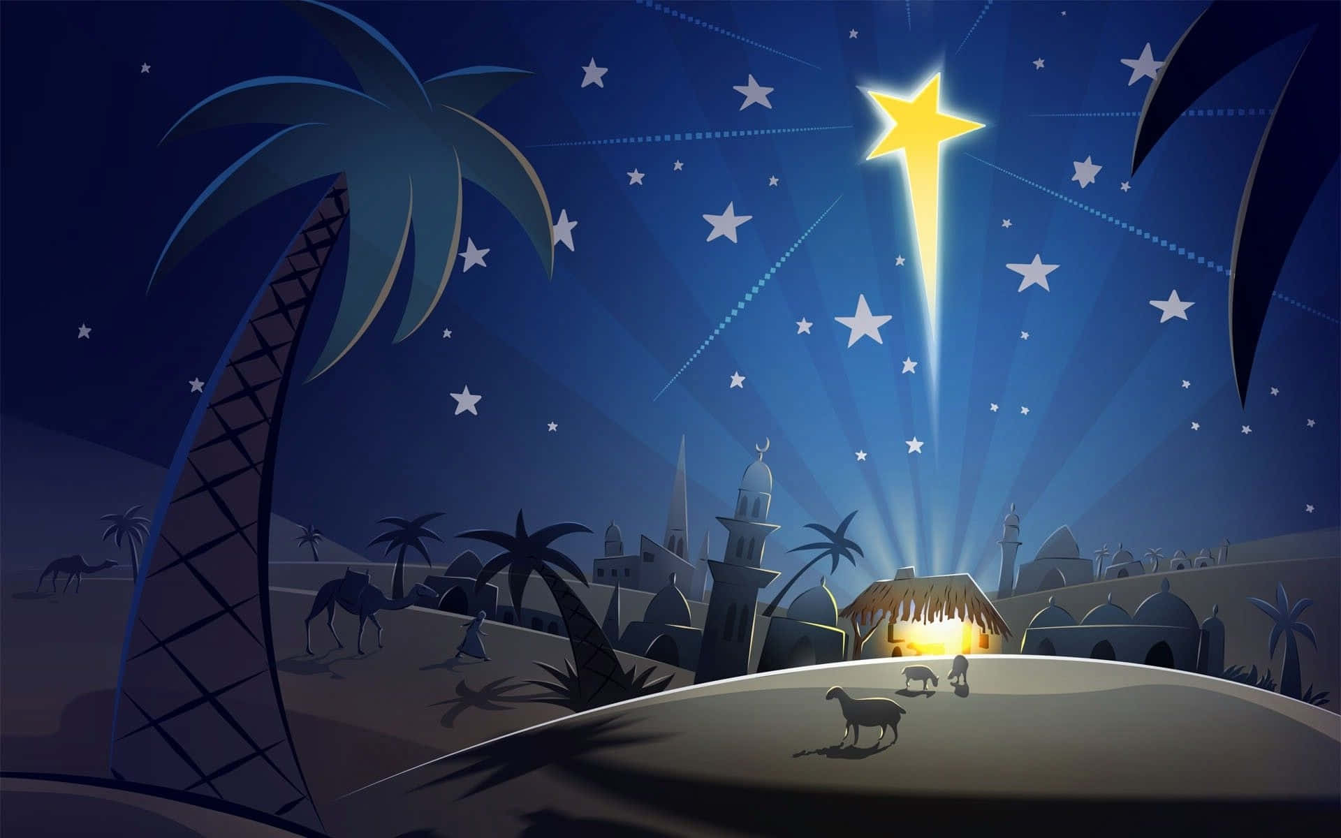 Jule Nativity Palme Træer Stjerner Wallpaper