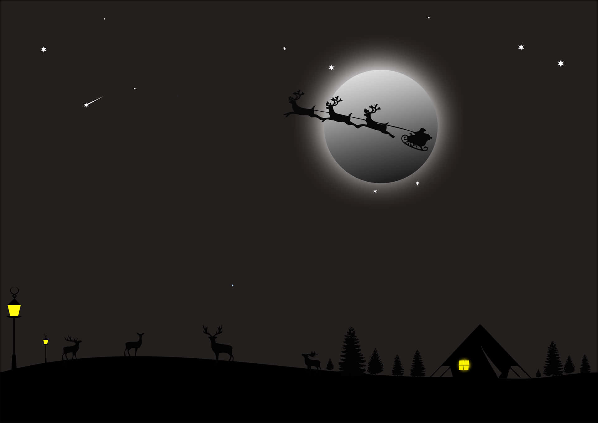 Santa Claus flyver over en natlig himmel med hjorte og slæde. Wallpaper