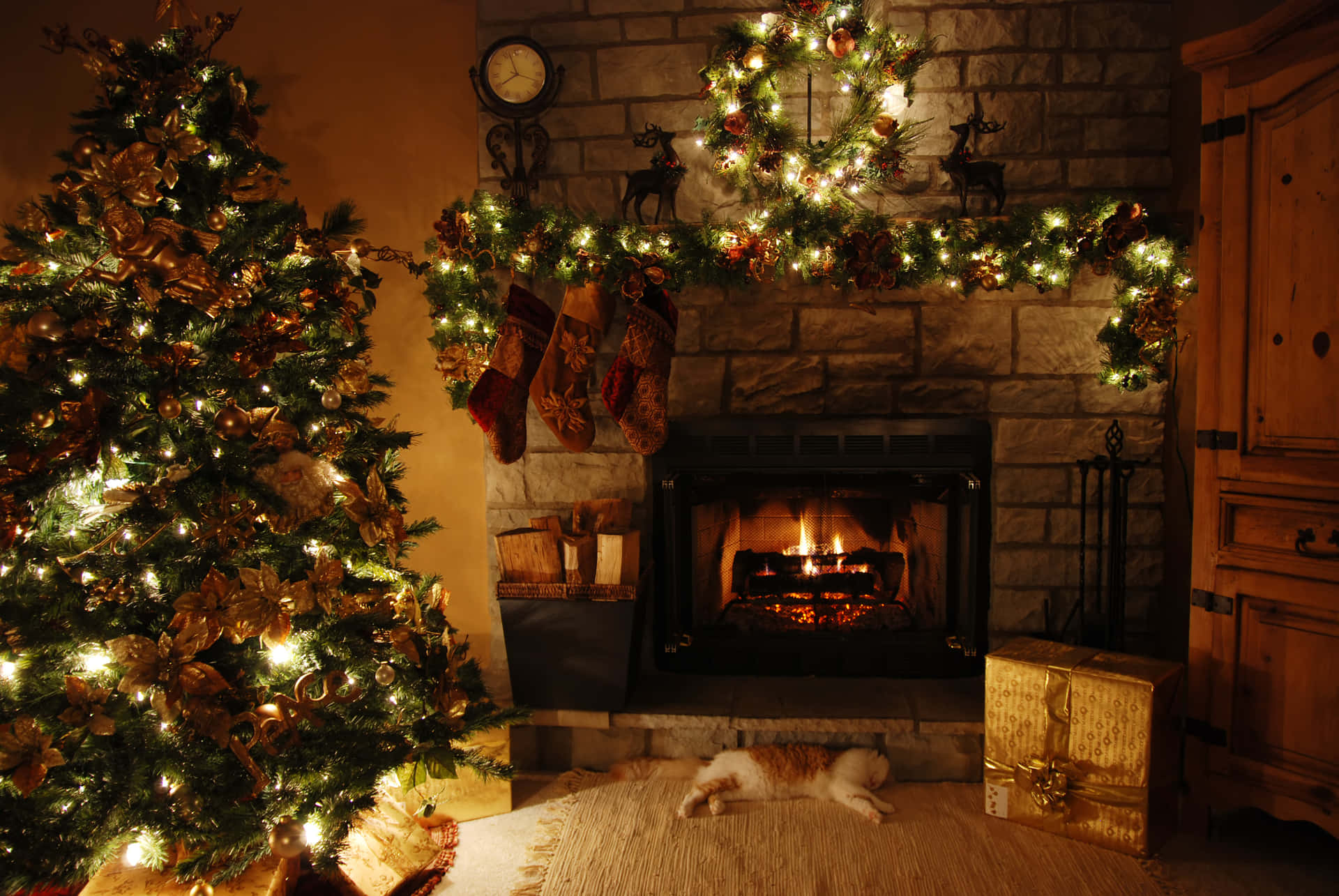 Den perfekte juleaften - sne, lys og grantræer. Wallpaper