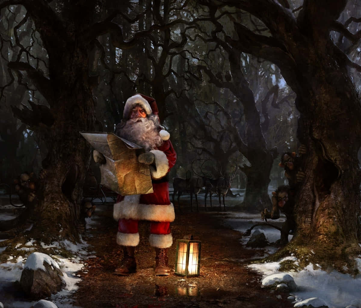 Santa Claus i skoven med en lygte Wallpaper
