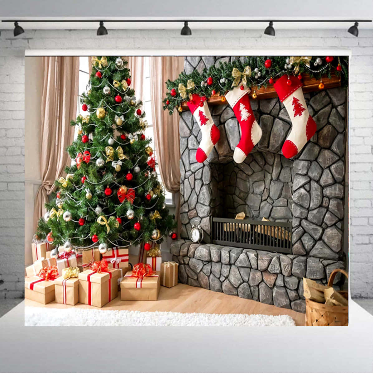 Christmas Tree With Stockings And Presents In Front Of A Fireplace