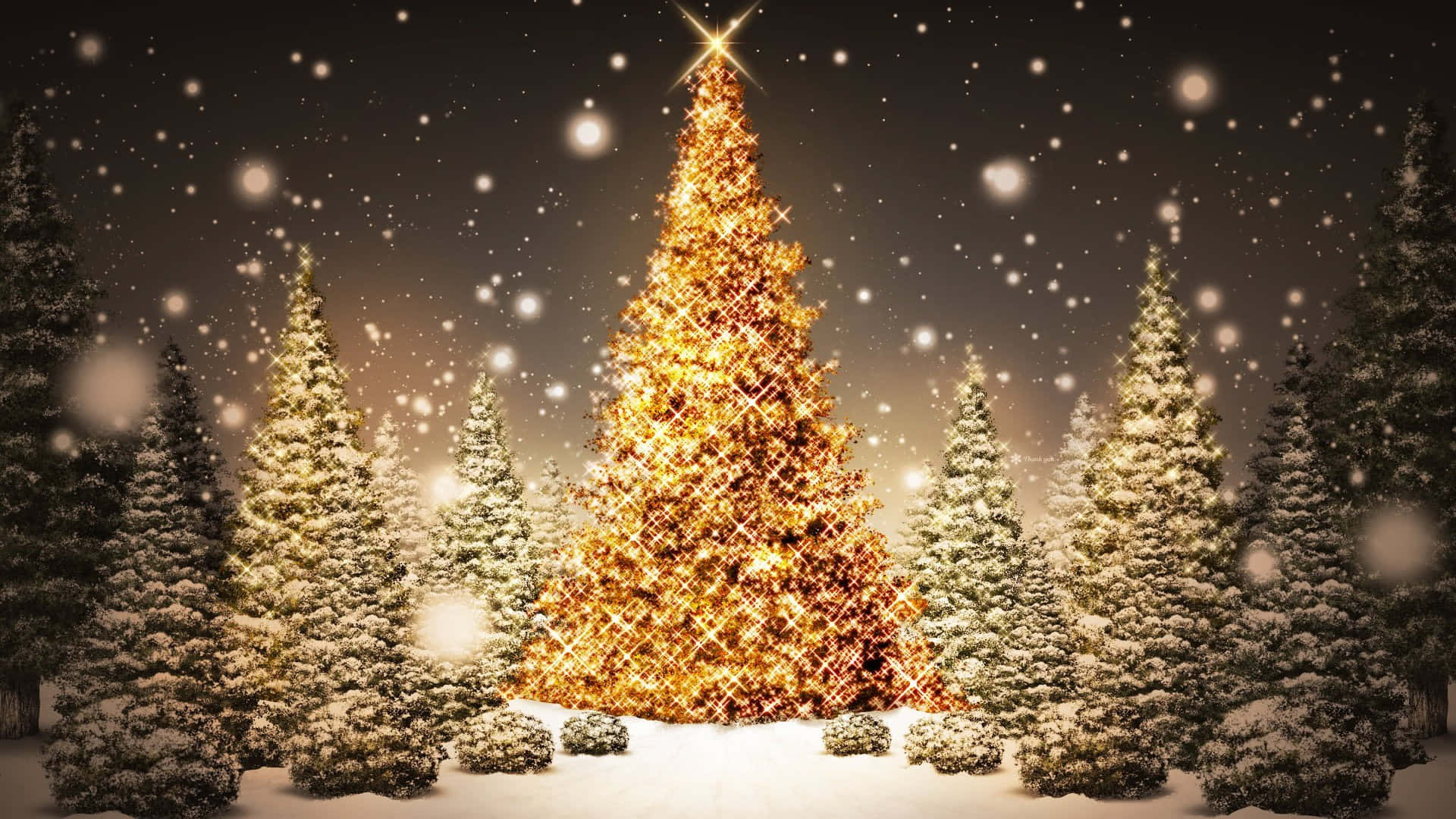 Et guld juletræ i sneen Wallpaper