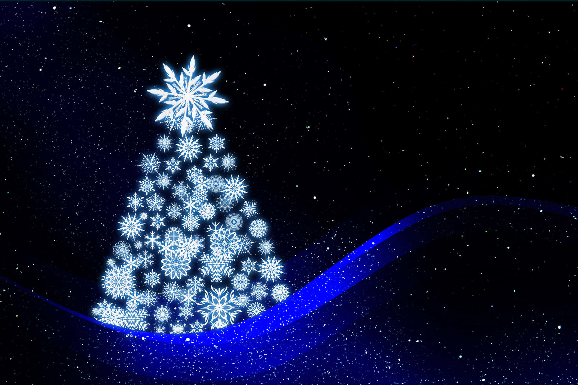 A Blue Christmas Tree With Snowflakes On A Black Background Wallpaper