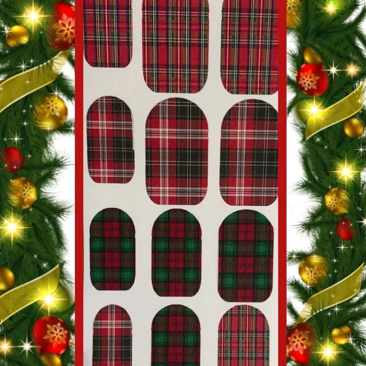 A Christmas Tree With Plaid Stickers And Ornaments