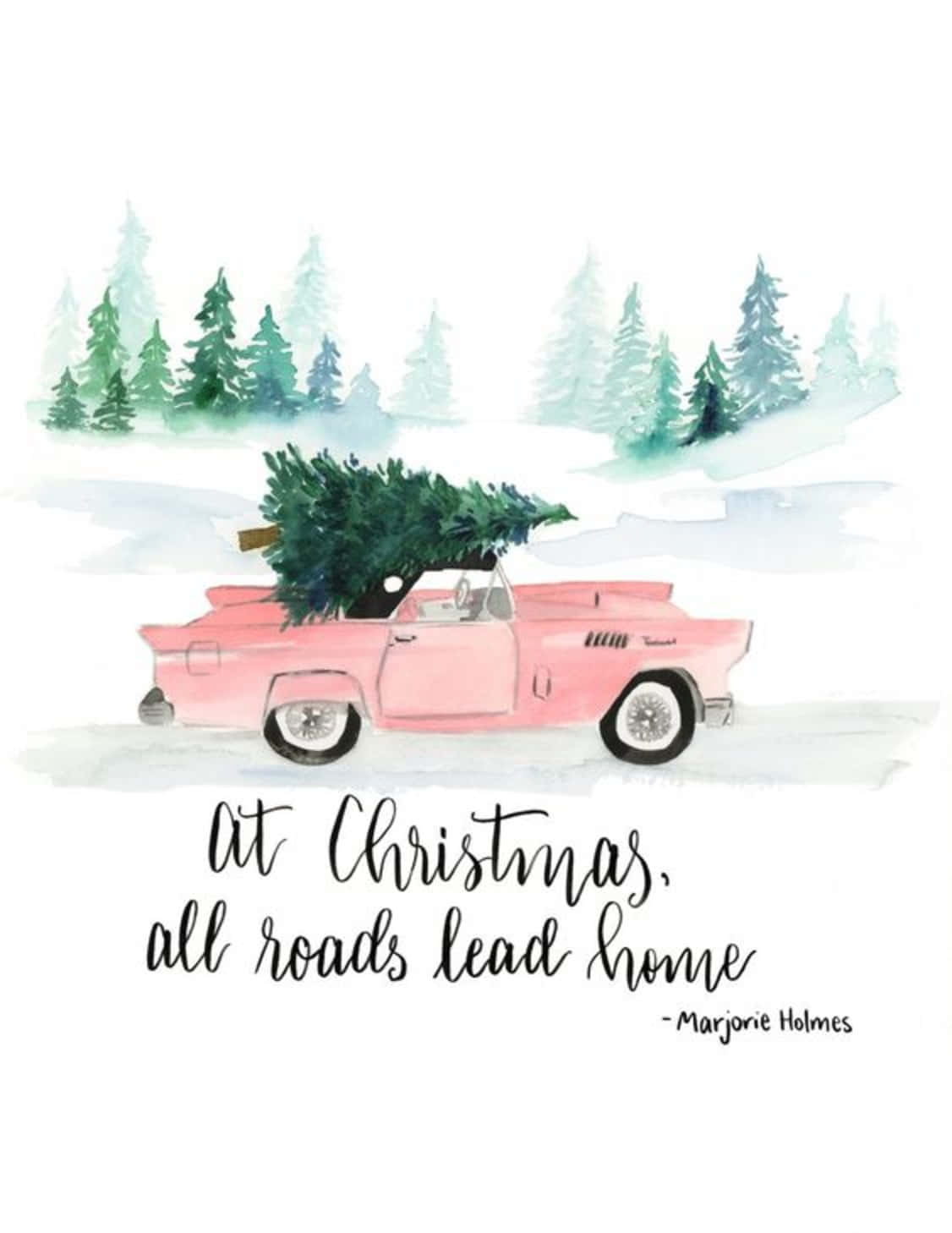 En pink bil med et juletræ og ordene 'det er jul alle fører hjem' Wallpaper