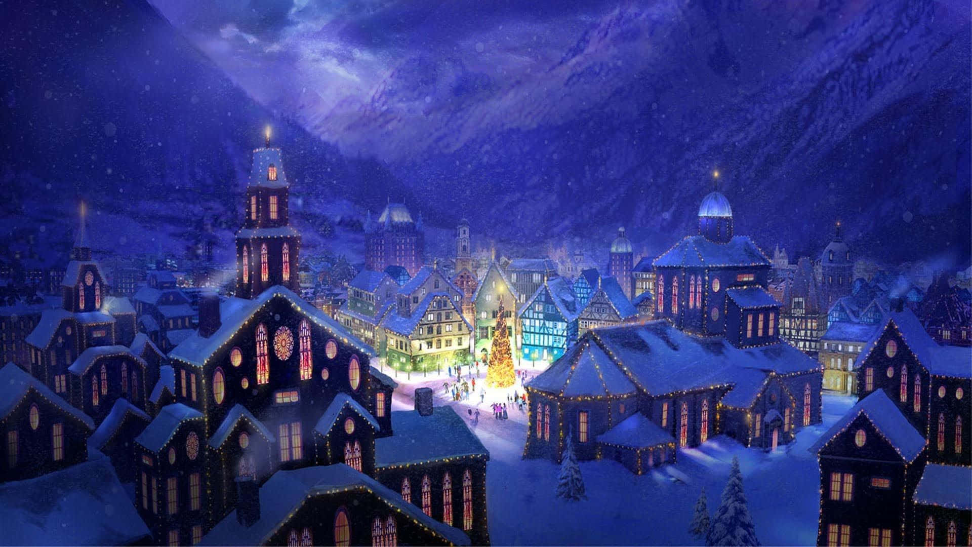 Nachtweihnachts-szene Dorf Weitwinkelaufnahme Hintergrund