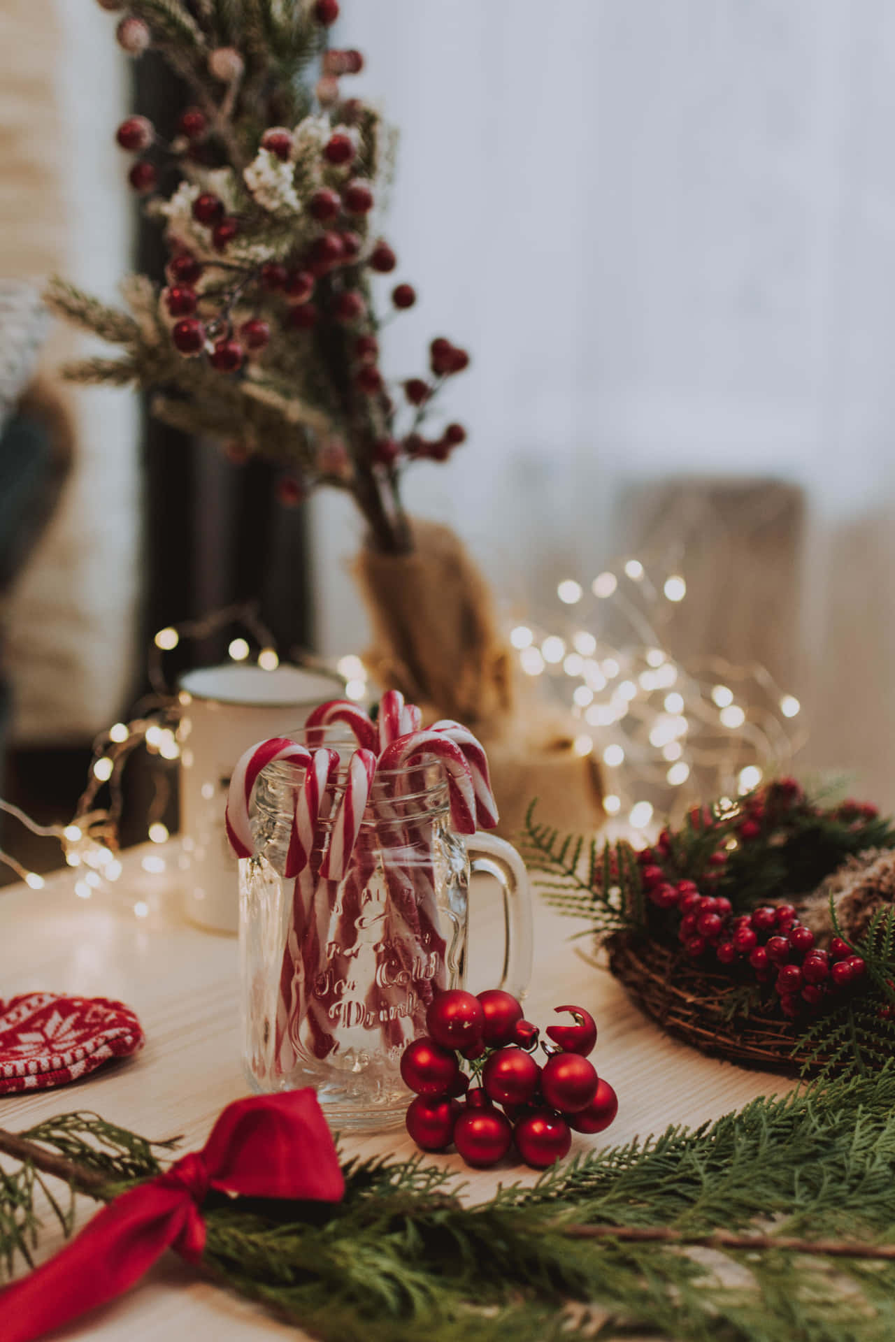 Festive Table With Candy Canes Christmas Scene Background