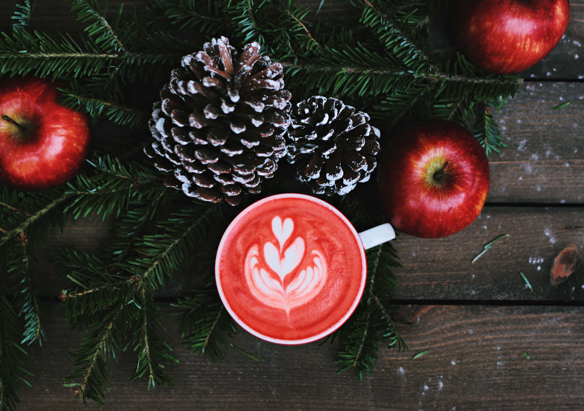 Coffee With Latte Art Christmas Scene Overhead Shot Background